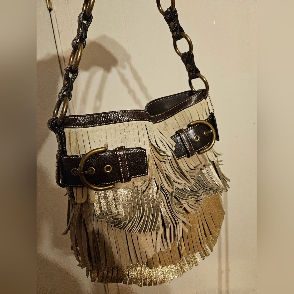 Rare Coach Vintage Beige Metallic Suede Fringe PRISTINE